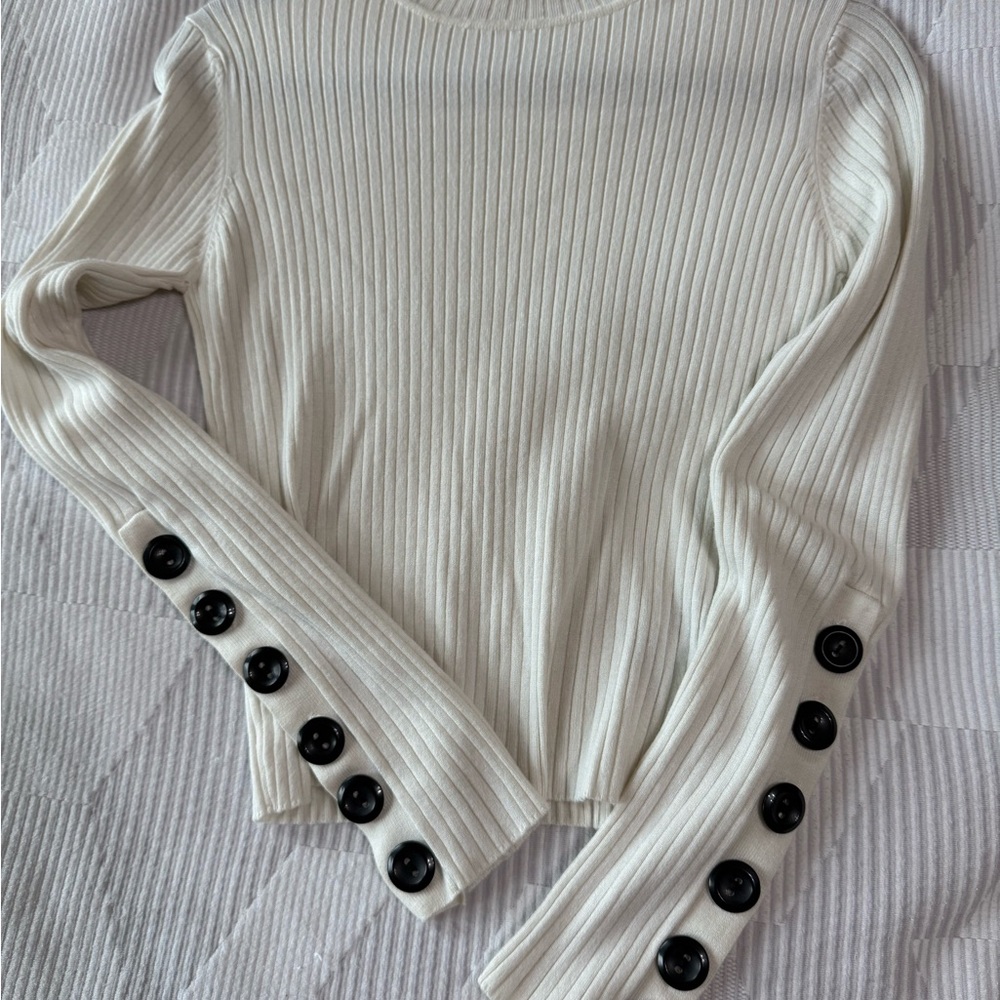 Zara Elegant Cream Ribbed Top with Button Detail